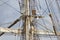 Detail of the Rigging of a Square Rigged Tall Ship Sailing Vessel moored in Bergen Harbour in Norway.