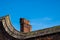 Detail of rooftop red brick chimneys in Tudor architecture build