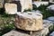 Detail of round broken section of column of Parthenon at Athens Acropolis that has been identified but not yet used in reconstruct