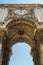 Detail of Rua Augusta Arch, Lisbon, Portugal photographed from low point