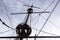 Detail of a sailboat rigging. Mast on traditional sailboats. Mast of large wooden ship.