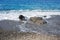 Detail of a shore with stones and a blue sea. Shoreline.