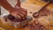 Detail Shot Of Hands Grinding Cocoa Beans With A Mortar