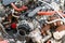 Detail of some vehicle engines in a junkyard