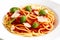Detail of spaghetti with tomato sauce, fresh basil and cheese. I