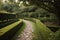 Detail of a stone footpath through a lush garden