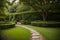 Detail of a stone footpath in a lush garden