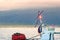 Detail of the top navigation light of a sea taxi sailing in Hydra, Greece