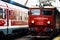 Detail train view. Train on the platform of Bucharest North Railway Station Gara de Nord Bucuresti in Bucharest, Romania, 2020