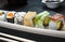 Detail of the tray of sushi rolls