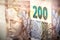 The detail of the two hundred reais bill. The real is the currency of Brazil. The Central Bank launched guidelines for the