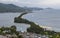 Detail view on Amanohashidate `Heaven Brigde` with Miyazu Bay in a green Landscape. Miyazu, Japan, Asia.