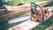 Detail view of chainsaw, construction tools, agriculture details. Gardening equipment