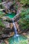 Detail view on Dlaouble Milk Bowl Waterfalls, Dvojna Latvica, of River Koritnica in Triglav National Park. Log pod Mangartom,