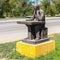 Detail view on Monument of a lonely sitting Chess Player. The Person Thinking about next steps. Located in Temirtau, Kazakhstan 