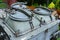 Detail of vintage military trailer chuckwagon with covers of built in pots