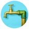 Detail of a water brass faucet isolated on solid color background - Round icon concept image - Photography in a circle