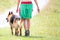 Detail of a woman with her German shepherd dog during a mountain excursion