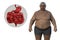 A detailed 3D medical illustration of a senior overweight man and close-up view of his digestive system
