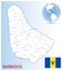 Detailed Barbados administrative map with country flag and location on a blue globe