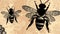 Detailed bee silhouettes with a complex floral pattern in the background, in sepia tones