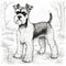 Detailed Black And White Drawing Of Schnauzer Dog In Forest