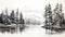 Detailed Black And White Watercolor Painting: Serene Lake With Pine Trees