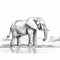 Detailed Character Design Of African Elephant Near Water In Monochrome Landscape
