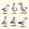 Detailed Character Expressions Of Cartoon Seagulls In Golden Age Illustration Style