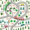 Detailed children's map of the city. Cars, buses and trains, houses and roads, river, forest and city seamless