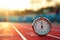 A detailed close-up shot of a clock placed on a running track, Close-up of a stopwatch indicating the finish of a race, AI