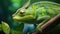 A detailed close-up shot of a green chameleon perched on a branch, Detailed Green chameleon closeup, AI Generated