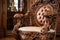 a detailed close-up shot of a victorian armchair with intricate woodwork