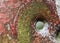 Detailed close up view on bullet holes of gunshots at a traffic sign