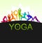 Detailed colorful silhouette yoga people illustration background.