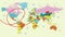 Detailed colorful world map with trail track from classic vintage cute funny air vehicle transportation plane flying to destinatio