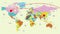 Detailed colorful world map with trail track from classic vintage cute funny air vehicle transportation plane flying to destinatio