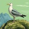 Detailed Comic Book Art: Seagull On Grass With Mountainous Vistas