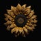 Detailed Compositions Of Colorful Woodcarvings: Gold Sunflower On Black Background