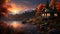A detailed digital illustration of a tranquil lakeside cabin surrounded by fall foliage, capturing the essence of a cozy and