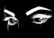 Detailed female eyes with long eyelashes illustration on black background.