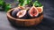 Detailed Fig In Wooden Bowl On Dark Gray Stone Background