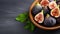Detailed Foliage: Vibrant Fig In Wooden Bowl On Slate Background
