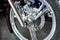 Detailed front wheel with chrome spokes of custombike custom motorcycle or chopper bike