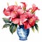 Detailed Hibiscus In Vase Watercolor Clipart With High Contrast