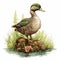 Detailed Illustration Of A Duck On Moss With Flowers