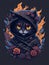 A detailed illustration face ninja cat, fire, flowers splash