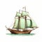 Detailed Illustration Of A Green Sail Ship In The Ocean