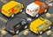 Detailed illustration of a Isometric Delivery Truck and Taxi in Rear View