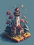 A detailed illustration of an isometric vintage rustic lighthouse, flower splash, watercolor effect, and digital painting.